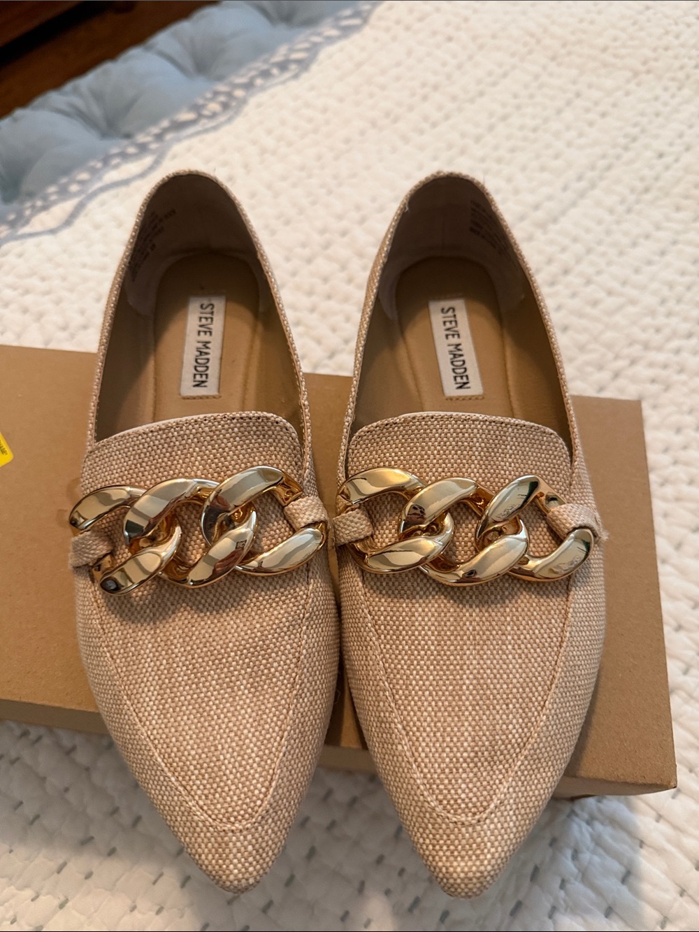 Steve Madden Tan Pointed Loafers with Gold Chain